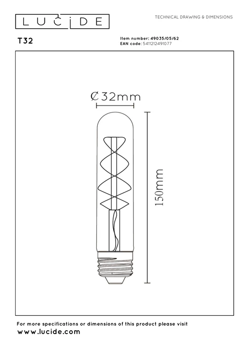 Lucide T32 - Glühfadenlampe - Ø 3 cm - LED Dim. - E27 - 1x4,9W 2200K - Amber - technisch